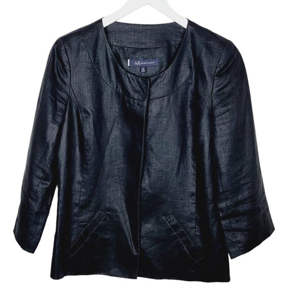AK ANNE KLEIN 100% Linen Black Scoopneck Blazer - Size 10P - Picture 2 of 6
